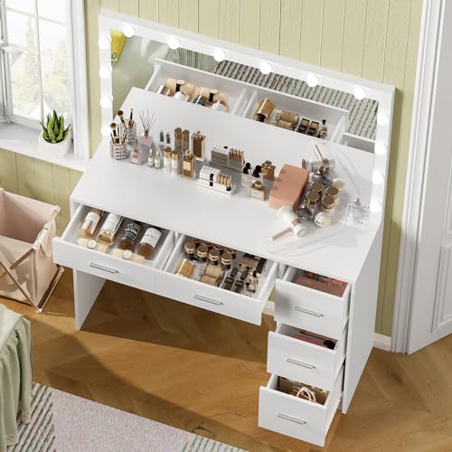 Vanity Desk with Lighted Mirror, 7 Drawers, 3 Lighting Colors, White X572