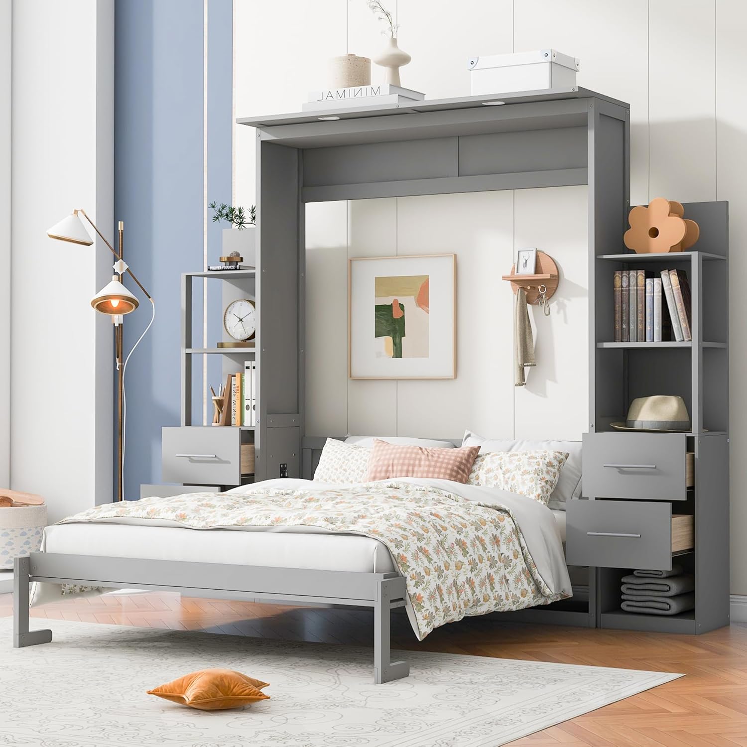 yoptote Queen Size Murphy Bed with Both Side Double Drawers and 2 Four-Layers Open Storage Shelves, Bedframe w/LED Lights & Silver Handle, Can Be Folded into A Cabinet, Space-Saving Design, Grey