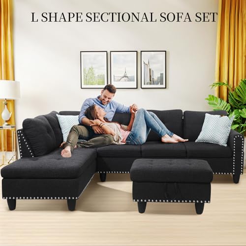 L Shaped Sectional Couch with Recliner and Storage Ottoman, Charcoal Grey R859535