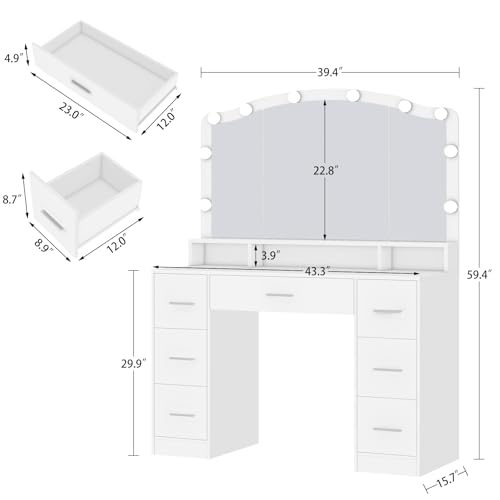 Vanity Desk with Lighted Mirror, 7 Drawers, 3 Lighting Colors, White X572