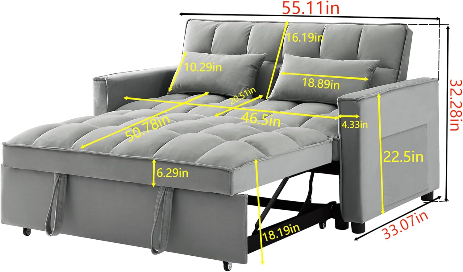 Full Pull Out Sofa Bed Convertible Sleeper with Pillows, Gray W90637