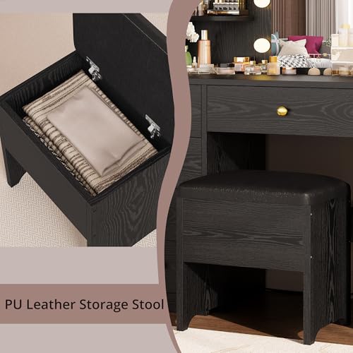 Vanity Desk with Mirror and Lights, 5 Drawers, Power Outlet, Stool C1758