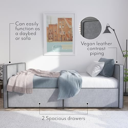 Twin Size Platform Bed Frame with 2 Storage Drawers, Gray Fabric U62092