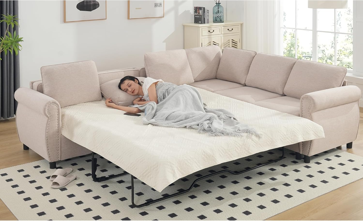 Modular Sectional Sleeper Sofa with Pull Out Bed, 6 Seater, Beige N245294