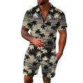 Mens Printed Outfits Zipper Short Sleeve Tshirts Shorts Outfits Sets For Men Summer Beach 2 Piece Sets Holiday