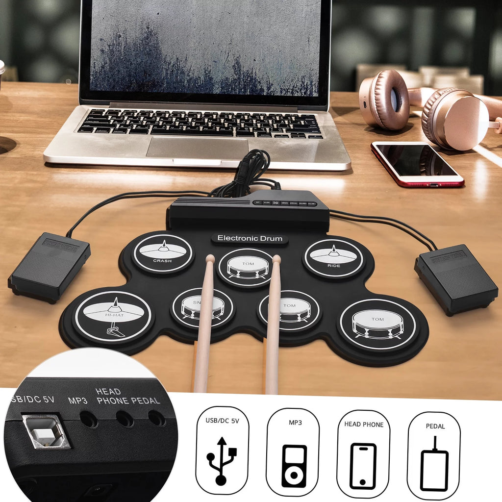 USB Roll-Up Electronic Drum Kit with 7 Pads and Sticks S614