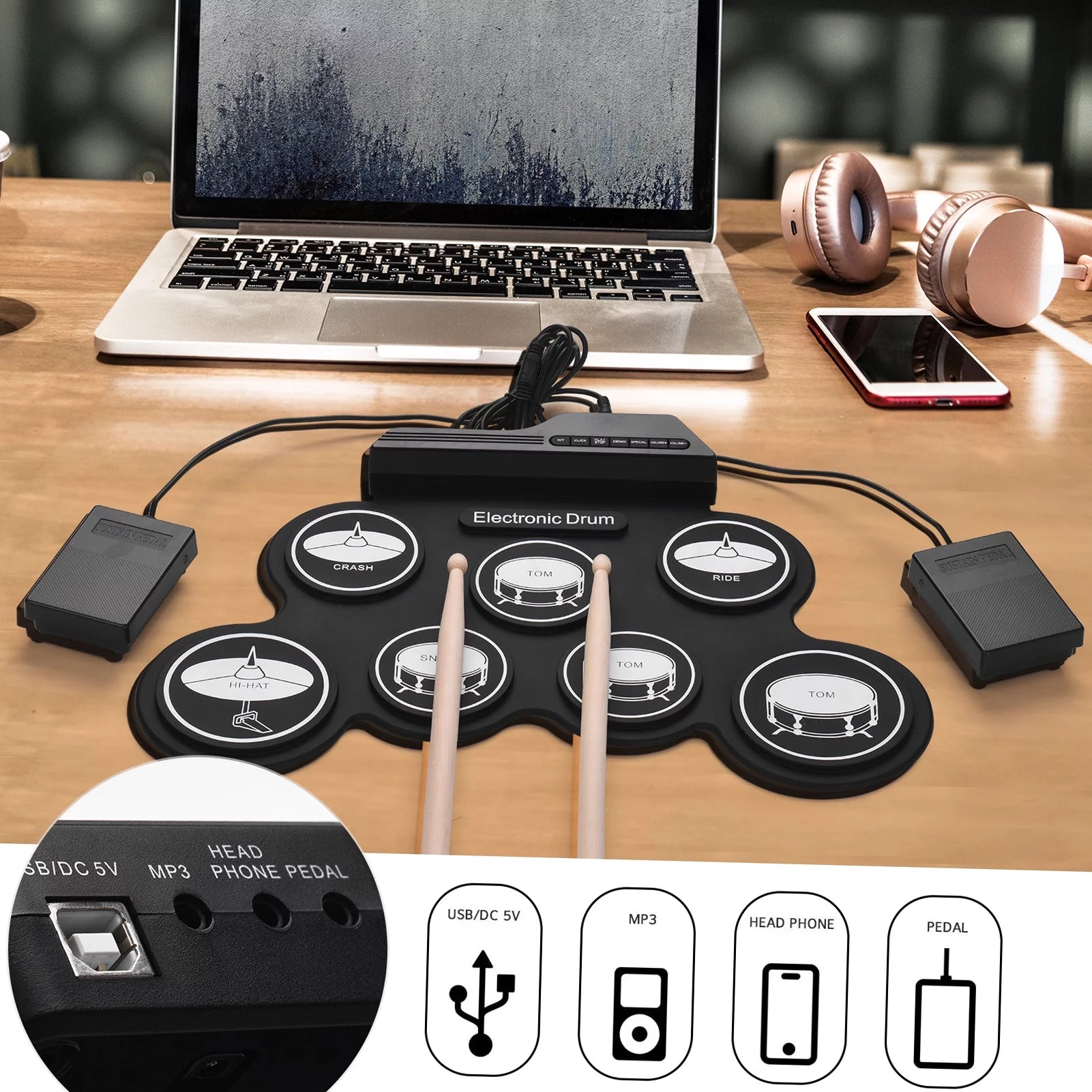USB Roll-Up Electronic Drum Kit with 7 Pads and Sticks S614