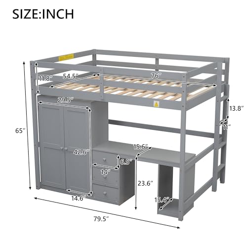Loft Bed with Wardrobe, Desk and Storage Drawers H15876