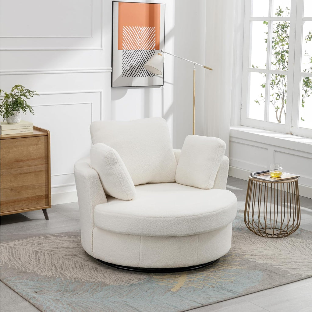 Swivel Accent Barrel Chair with 3 Pillows, Ivory Sherpa U8949