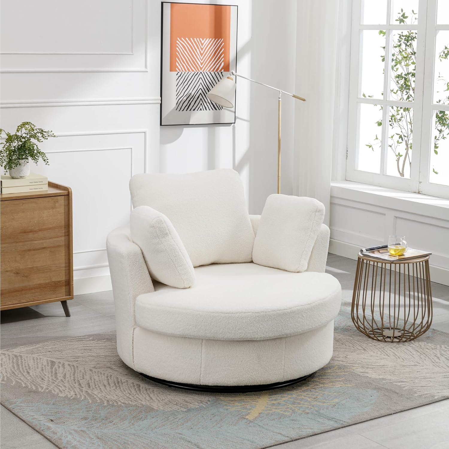 Swivel Accent Barrel Chair with 3 Pillows, Ivory Sherpa U8949