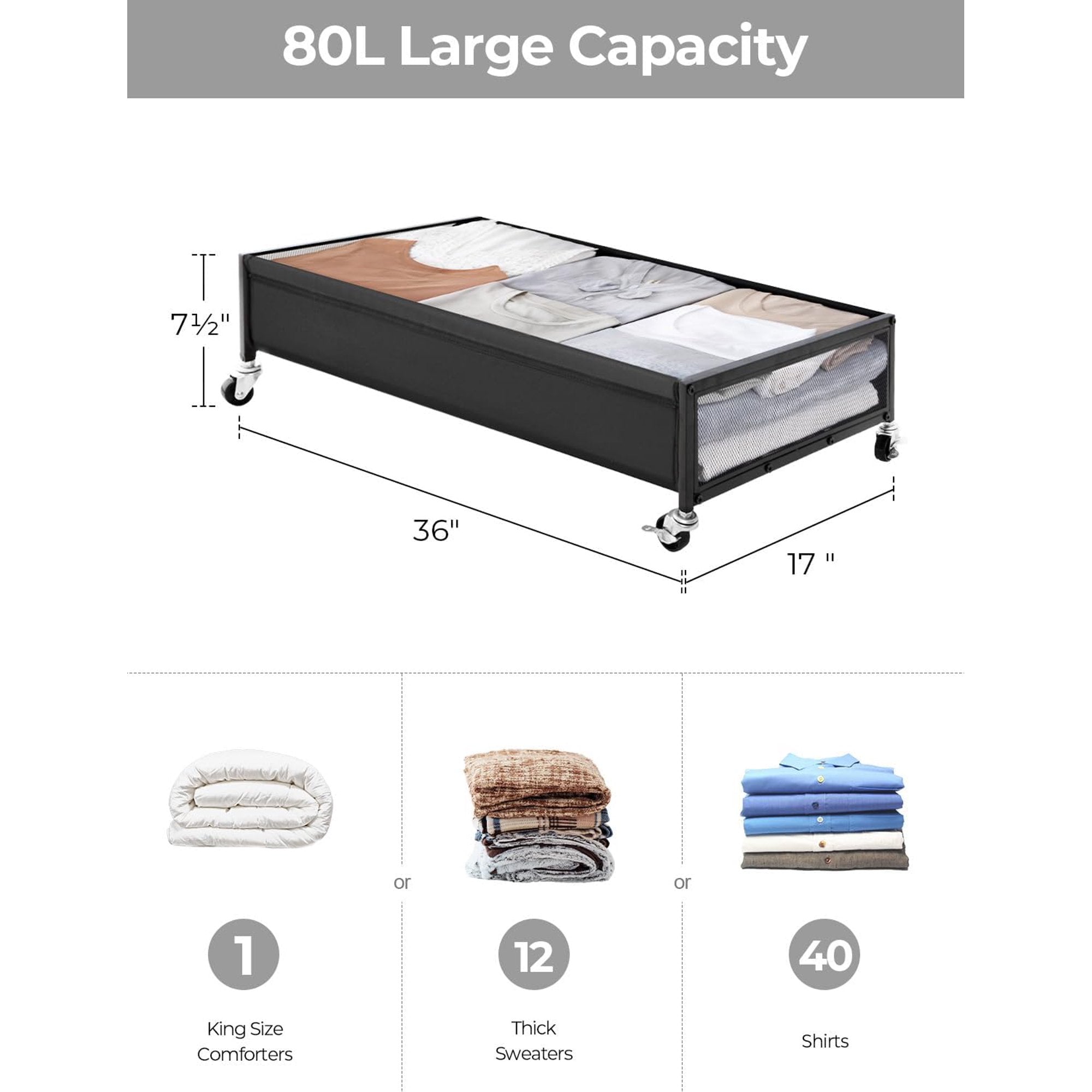 Under Bed Storage with Wheels, 2-Pack Metal Containers, 80L Y595