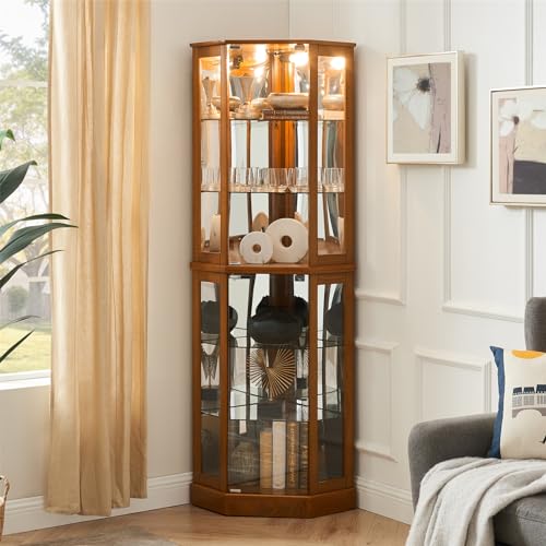 Lighted Corner Display Cabinet 6-Shelf Wooden Curio Storage Unit C8797
