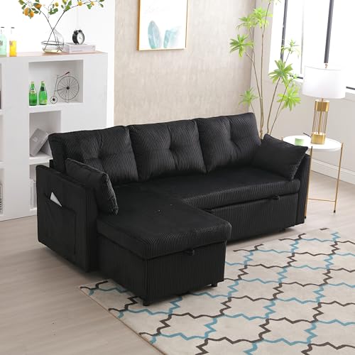 Convertible Sofa Bed Sleeper, 3 Seater L-Shaped Sleeper Sectional Sofa with Storage Chaise, Comfy Corduroy Couch, Upholstered Pull Out Sofa Bed for Living Room, Beige