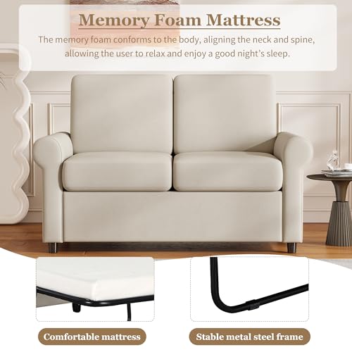 Pull Out Sofa Bed with Twin Mattress Pad for Living Room, Beige S87451