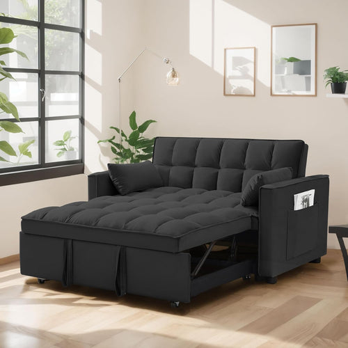 Loveseat 3 in 1 Convertible Sleeper, Modern Pullout Couch Bed, Velvet Chaise Lounge with 2 Pockets and 2 Pillows, Futon Sofa for Living Room Furniture, Black