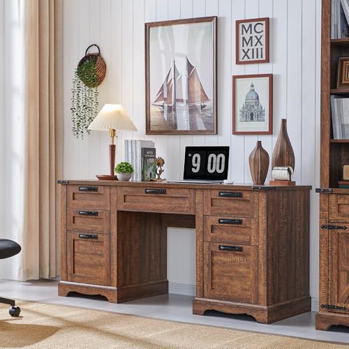 60" Farmhouse Executive Desk with Drawers, Charging Station, Keyboard Tray, File Drawer, Storage Cabinet P5608