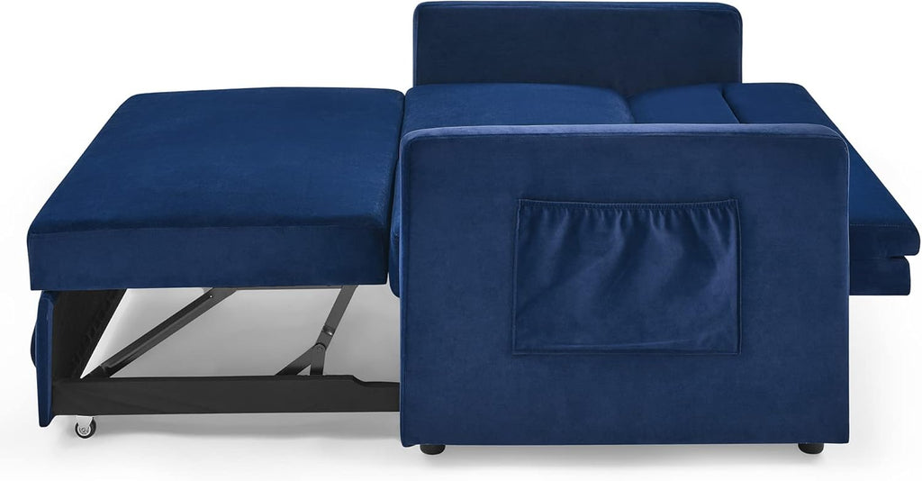 Futon Couch Pull Out Sleep, 2 Seater Convertible Sofa with Adjustable Backrest, Blue Velvet H50307