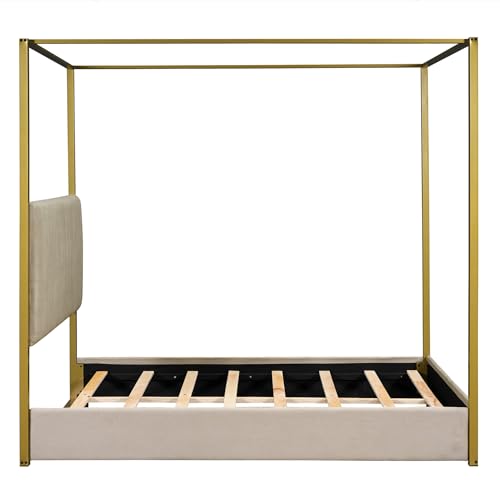 Canopy Platform Bed with Headboard and Metal Frame, Queen Size, Beige P487