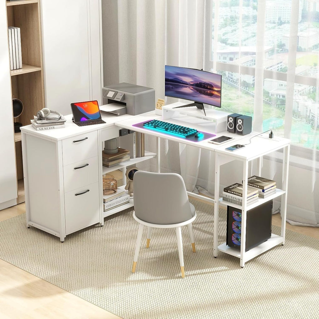 L Shaped Computer Desk with Lift Top, Power Outlets and Drawers Q139572