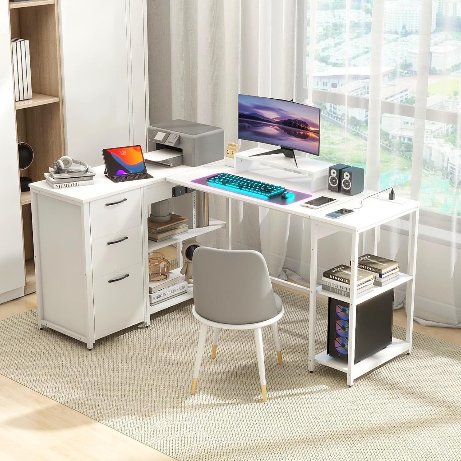 L Shaped Computer Desk with Lift Top, Power Outlets and Drawers Q139572