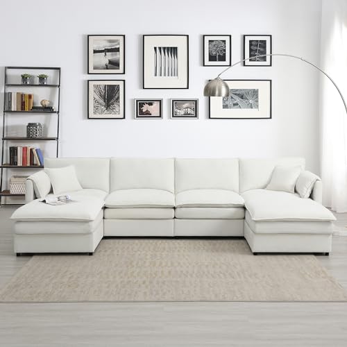 134" Oversized Modular Sectional Sofa, Modern U Shaped Cloud Couch Set with Double Cushions, Comfy Chenille 6 Seat Sleeper Sofa Bed with 2 Ottomans for Living Room, Bedroom, Office (Cream)