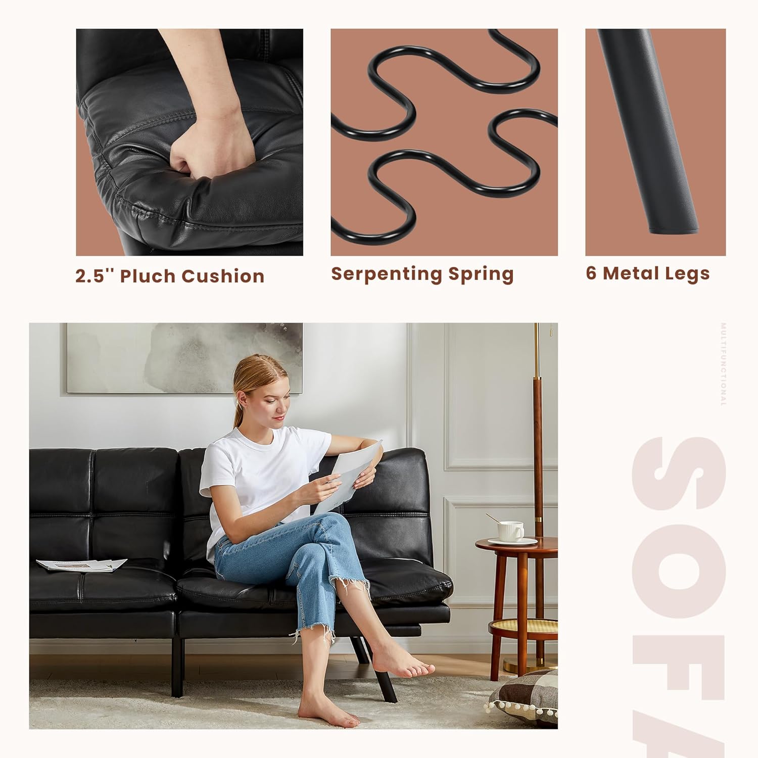 Leather Futon Sofa Bed for Living Room, Black E579