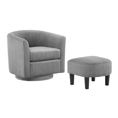 Corduroy Barrel Accent Chair with Ottoman, 360° Swivel, Grey K2375