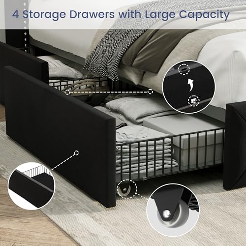 King Size Bed Frame with Storage Drawers and Tufted Headboard Q349