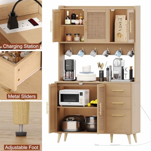 70.9" Kitchen Pantry Cabinet with Microwave Shelf, Rattan Hutch with Charging Station, Tall Floor Cupboard with Drawers and Doors, Black and Natural E348
