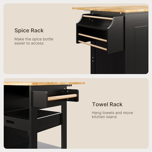 Rolling Kitchen Island with Drop Leaf, Wood Countertop, Storage Cabinet, White Q36361