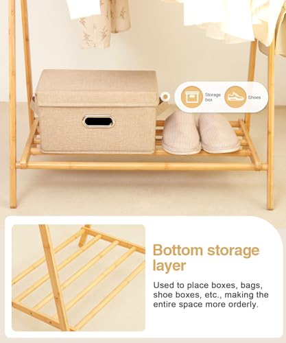 Bamboo Clothes Rack with Storage Shelf, Foldable Garment Rack V713923