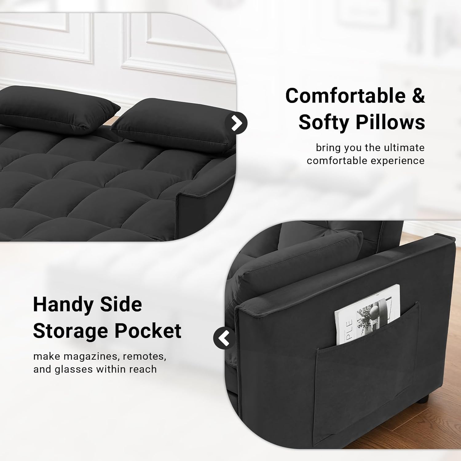 3 in 1 Convertible Sleeper Sofa Bed with Velvet Chaise and Pillows C944809
