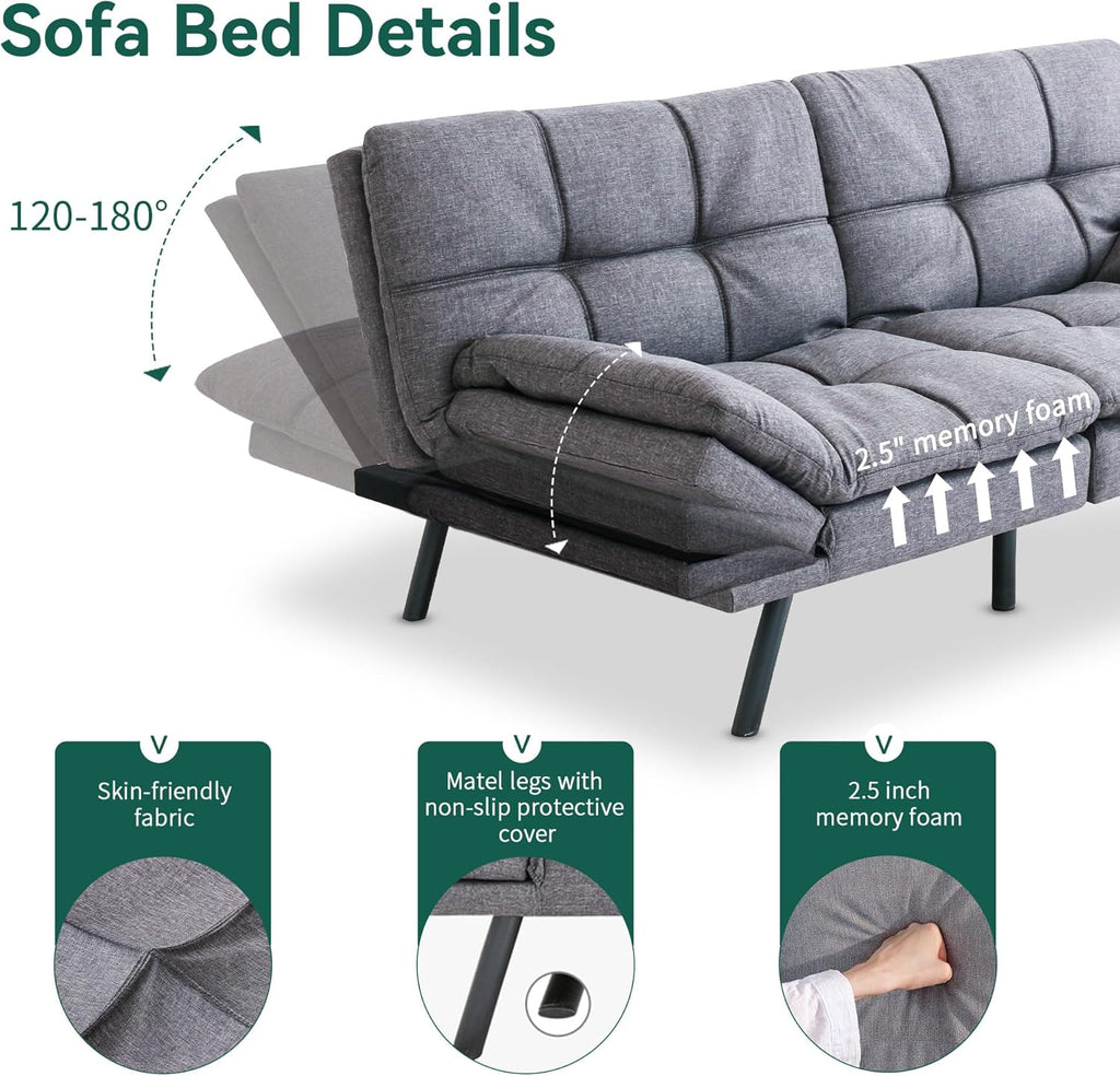 Convertible Futon Sofa Bed, Gray Memory Foam S89012
