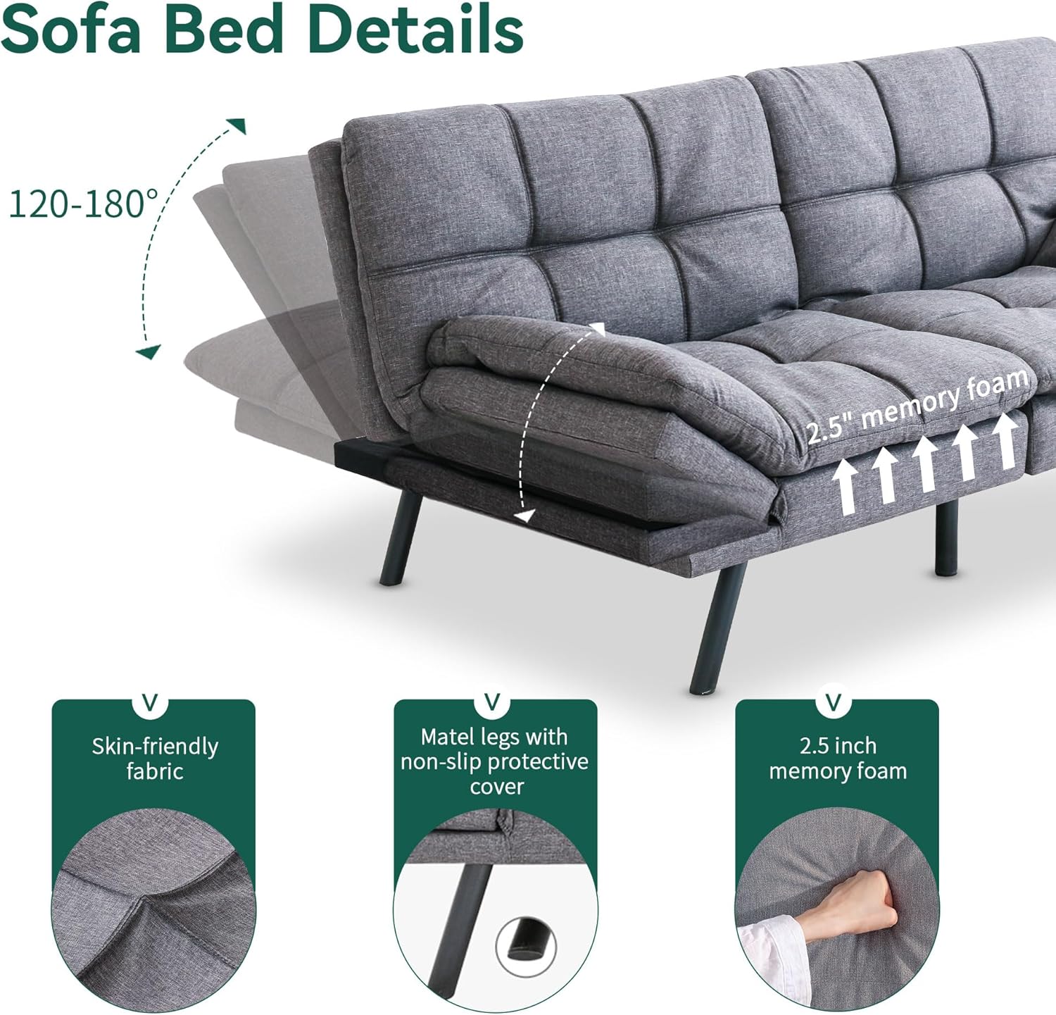 Convertible Futon Sofa Bed, Gray Memory Foam S89012
