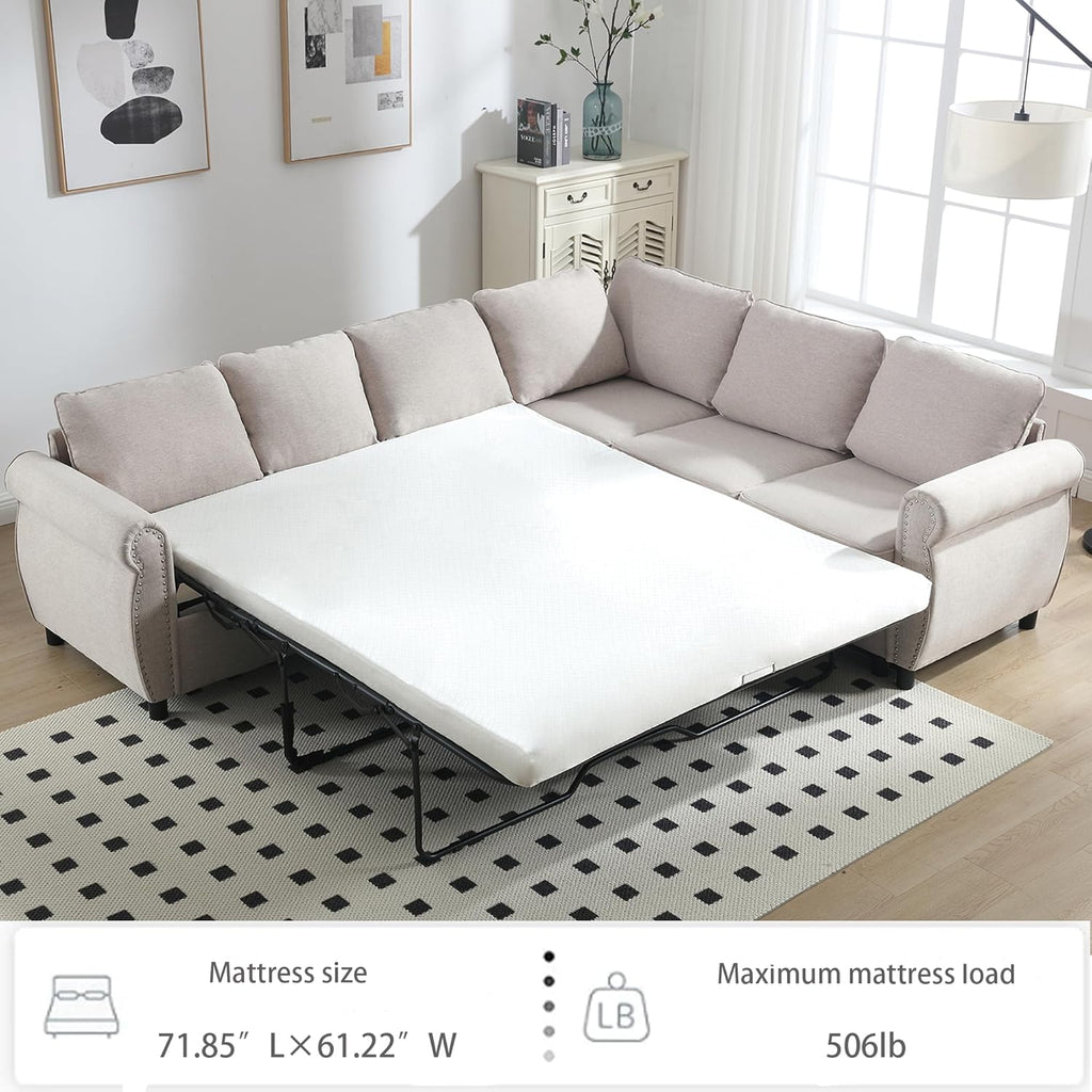 Modular Sectional Sleeper Sofa with Pull Out Bed, 6 Seater, Beige N245294