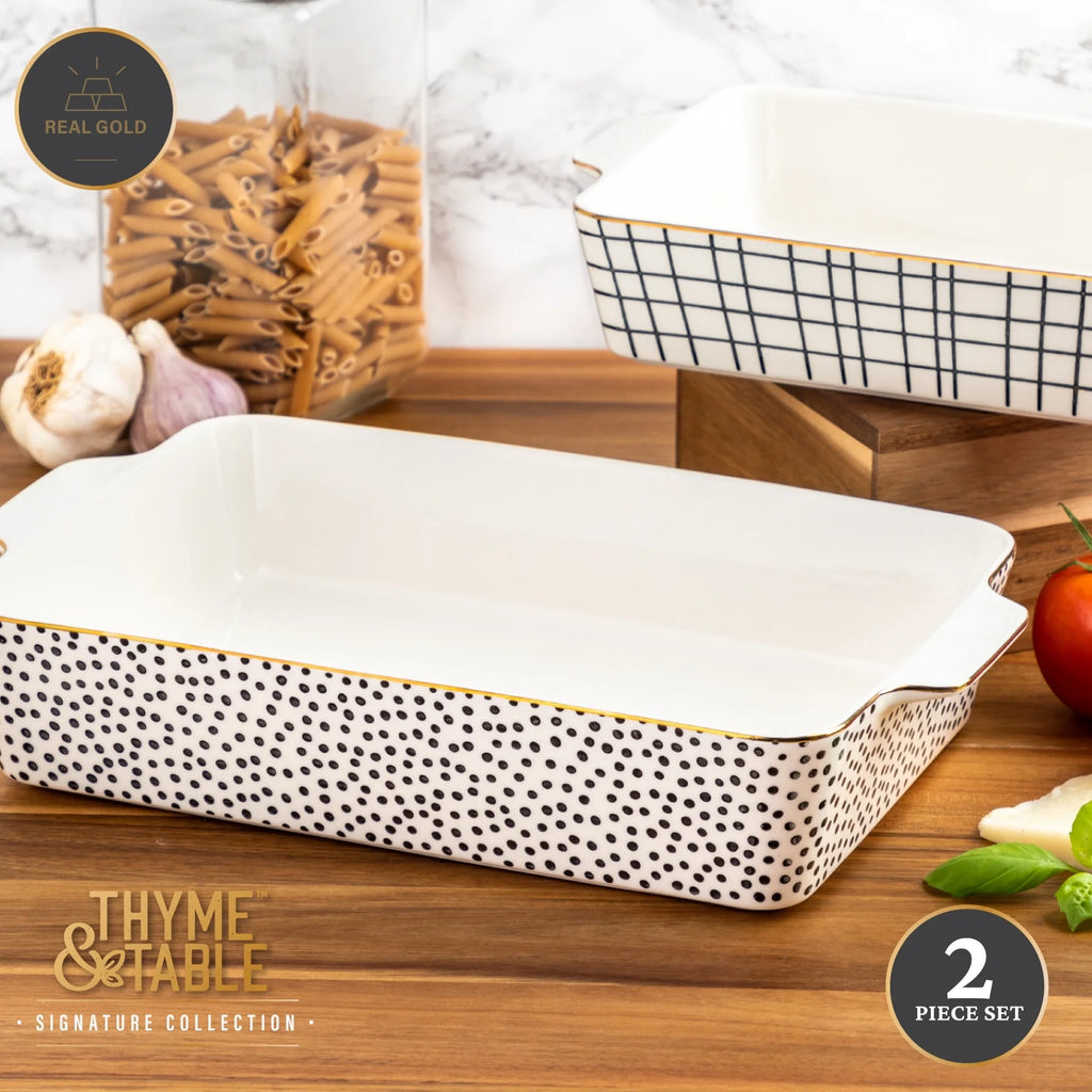 Stoneware Rectangular Baking Dish, Black & White Dot, 2-Piece Set P37038