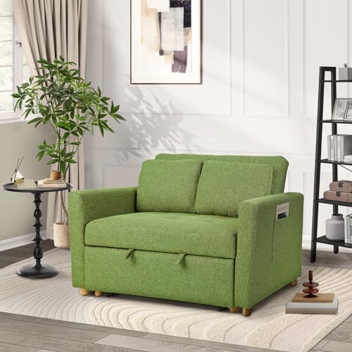 49" 2-Seater Loveseat Futon Sofa, 3-in-1 Convertible Sofa Bed, Linen Fabric Sleeper Couch with Adjustable Backrest D96563