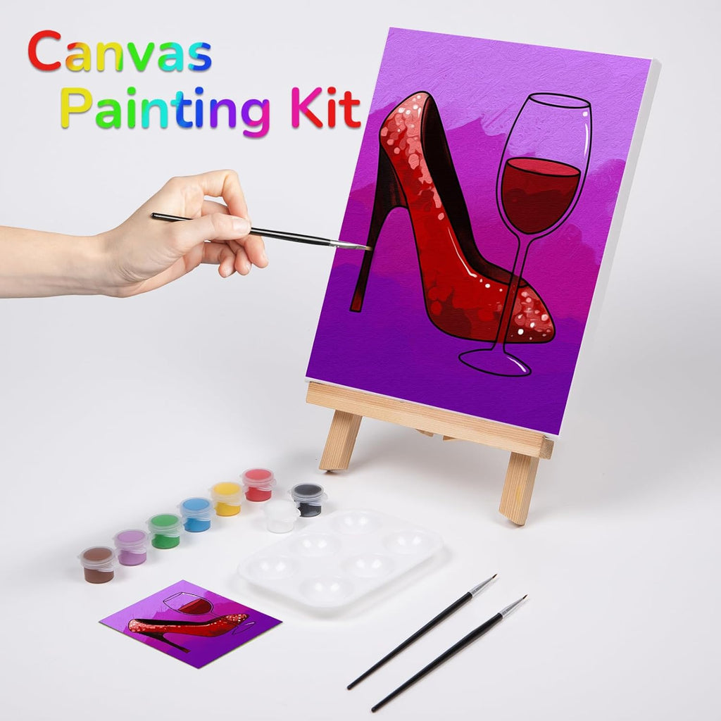 Paint and Sip Kit Pre Drawn Canvas Painting Set for Adults with Easel, 8 Acrylic Colors, 3 Brushes S472222