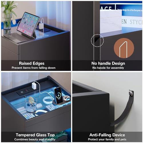 Set of 2 Nightstands with Charging Station and LED Lights, Glass Top Bedside Tables U913