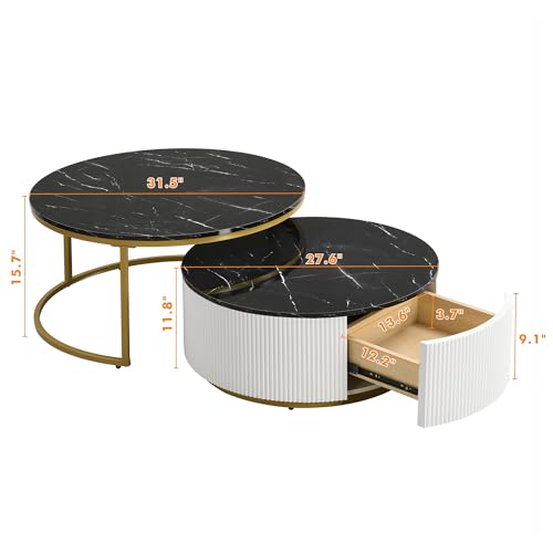 Round Nesting Coffee Table with Drawer, White & Gold N86769
