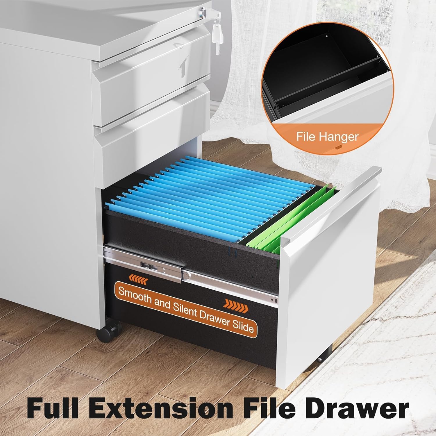 Locking 3-Drawer Filing Cabinet for Home Office, A4/Letter/Legal, Matte White P640874