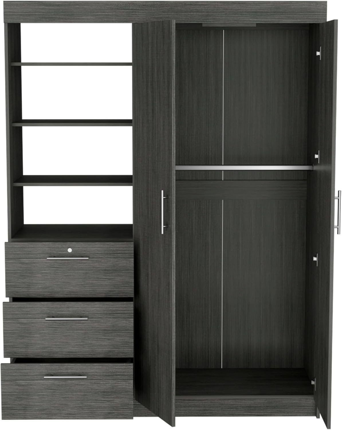 Wooden Wardrobe with 2 Doors, 3 Drawers, Shelves and Hanging Rod L67527