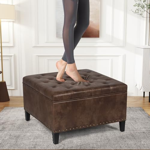 Square Storage Ottoman Coffee Table with Upholstered Lid, Dark Gray C100