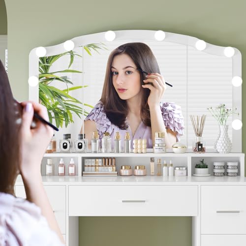 Vanity Desk with Lighted Mirror, 7 Drawers, 3 Lighting Colors, White X572