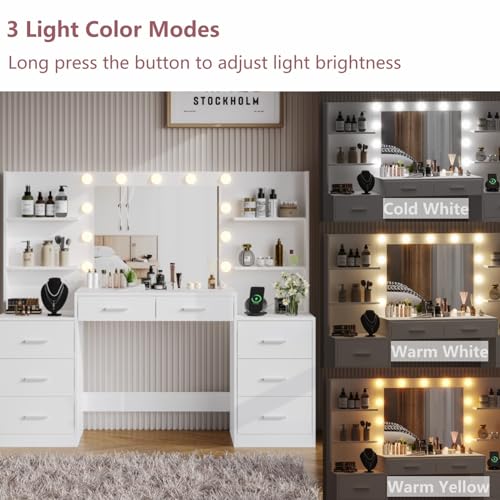 Large Vanity Desk with Mirror and Lights, White Makeup Vanity with Power Outlet, 8 Drawers U4403