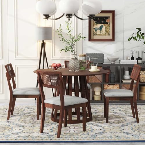 Round Dining Table Set for 4-6 with Upholstered Chairs, Walnut T359