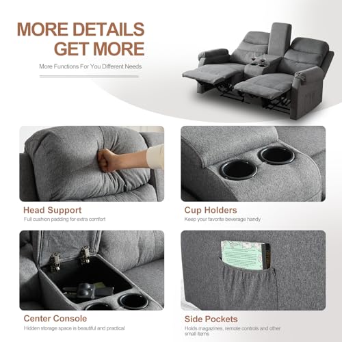 Reclining Loveseat Sofa with Storage Console and Cup Holders, Grey A7569