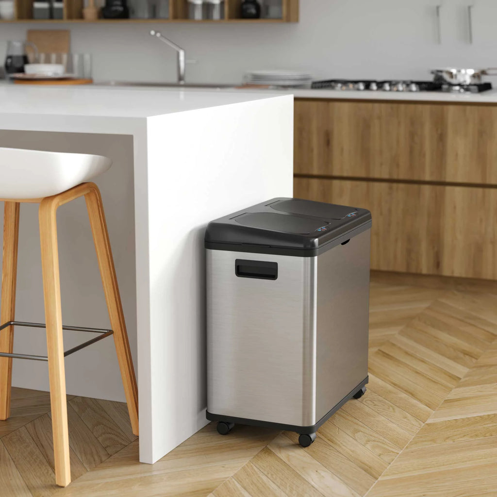 16 Gallon Touchless Trash Can and Recycle Bin, Stainless Steel, Dual-Compartment J469