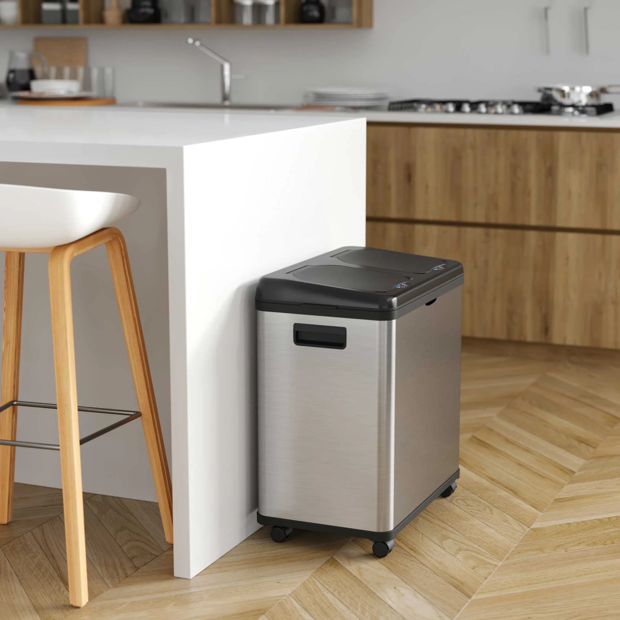 16 Gallon Touchless Trash Can and Recycle Bin, Stainless Steel, Dual-Compartment J469