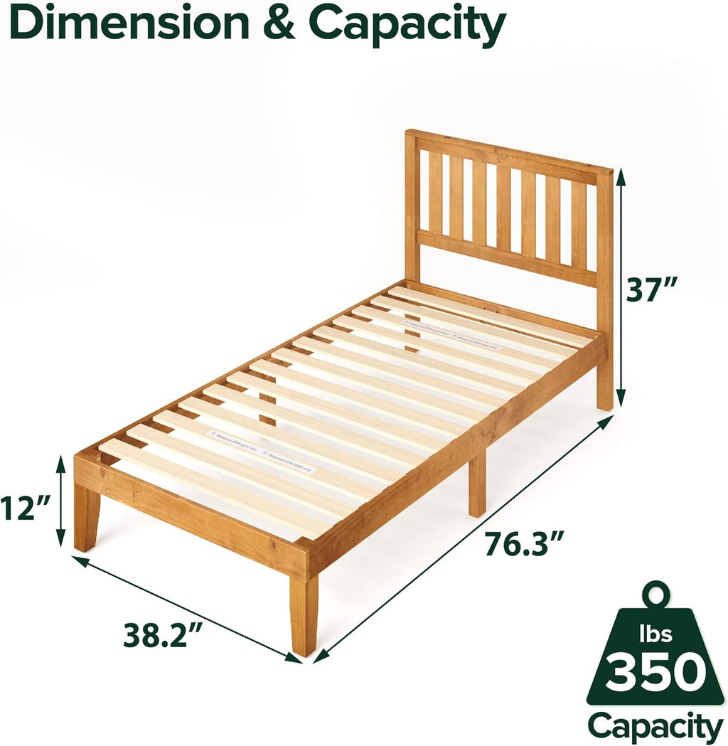 Wood Platform Bed Frame with Headboard, Solid Wood Slat Support, Twin P422